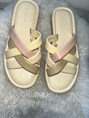 Madewell Cream, Tan & Blush Pink Woven Leather Slide Sandals - NWOT
